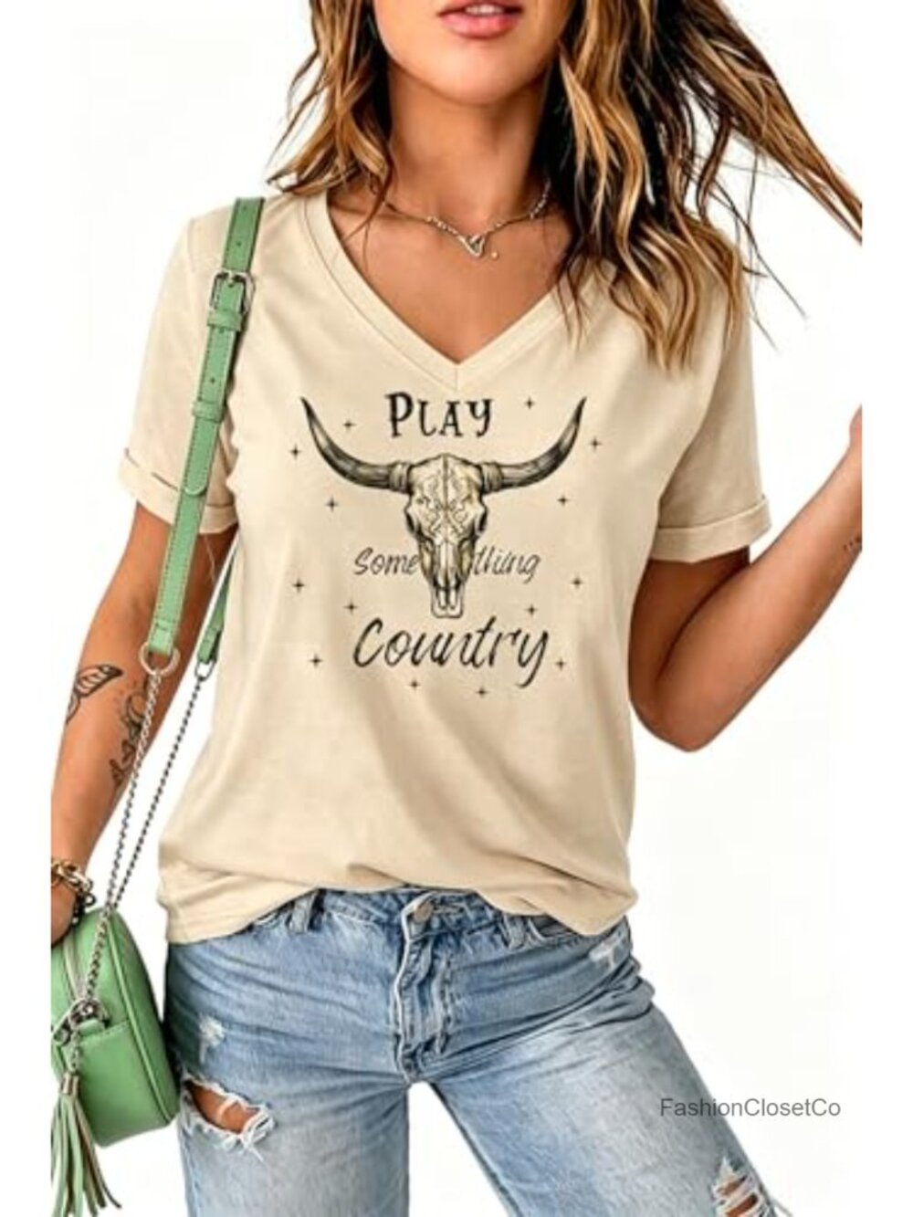 Women's V Neck Tee Cowboy Graphic Country Music Skull Short Sleeve Tshirt - Picture 3 of 3